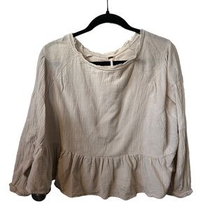 Free People Cream Gauzy Cut Out Back Size Small Long Sleeve Peplum Hem Top.